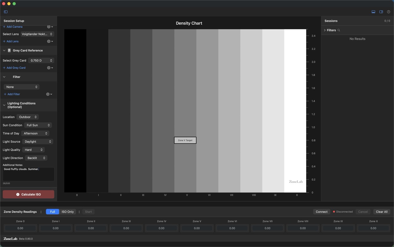 Session Setup: Lighting conditions and notes