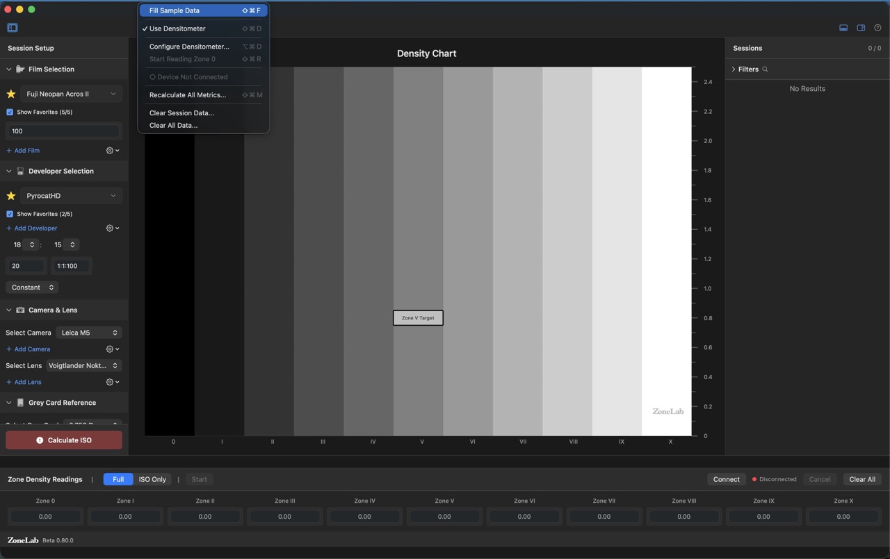 Input menu: Fill Sample Data and densitometer options