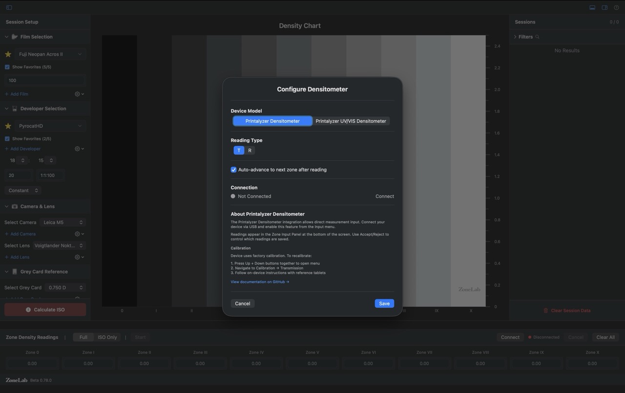 Configure Densitometer dialog